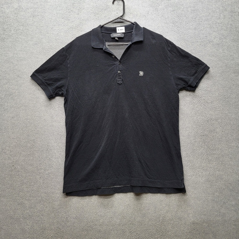 Diesel Men Polo XL Black Embroidered Polka‎ Dot Button Logo Short Sleeve